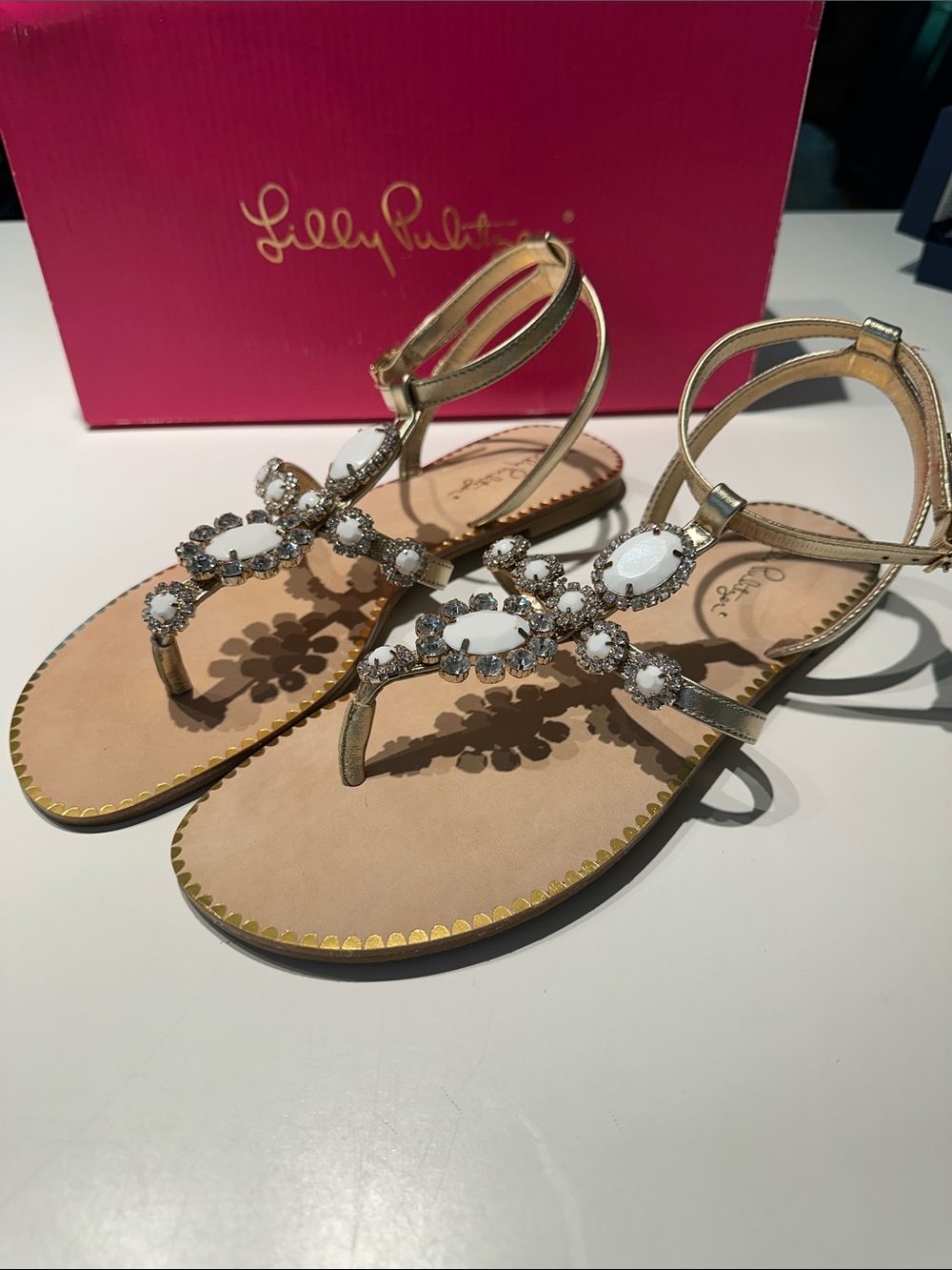 NEW Lilly Pulitzer Gold Katie Sandals with White Gem and Rhinestone Accents - Picture 3 of 9